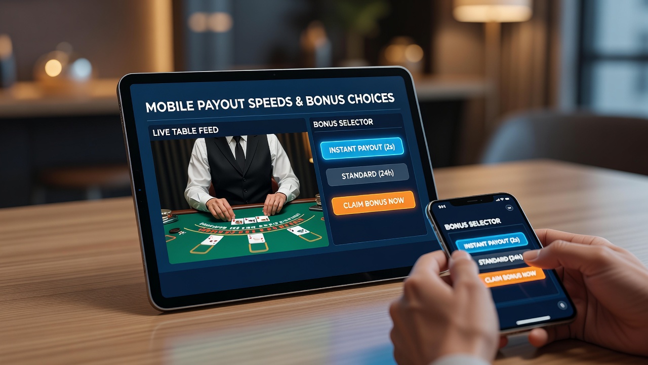 Smartphone-Display mit Live-Dealer-Tisch und Auszahlungsbestätigung