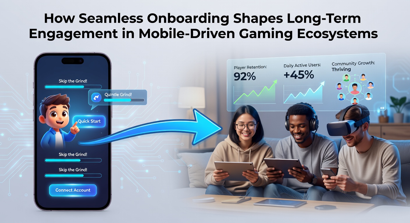 Darstellung eines reibungslosen Onboarding-Prozesses in einer mobilen Gaming-App mit intuitiver Benutzeroberfläche